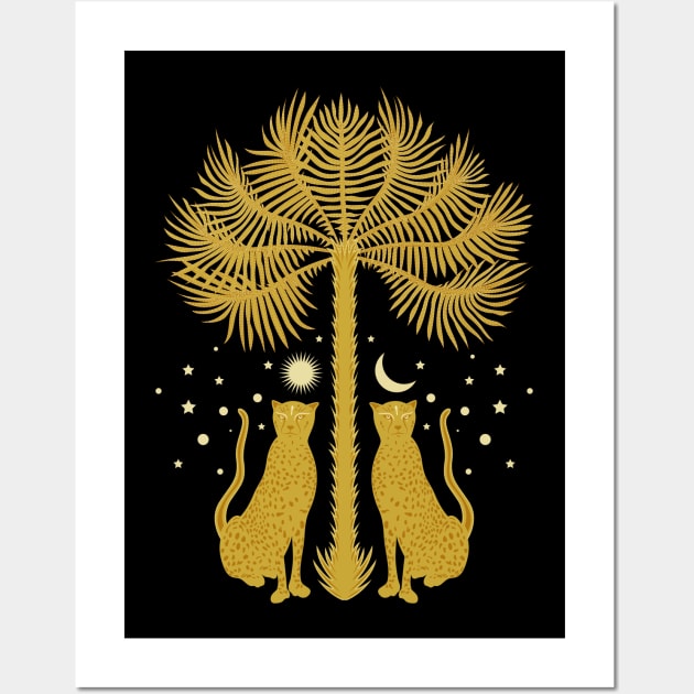 Cheetah Twins and Palm Tree in Golden Yellow Wall Art by matise